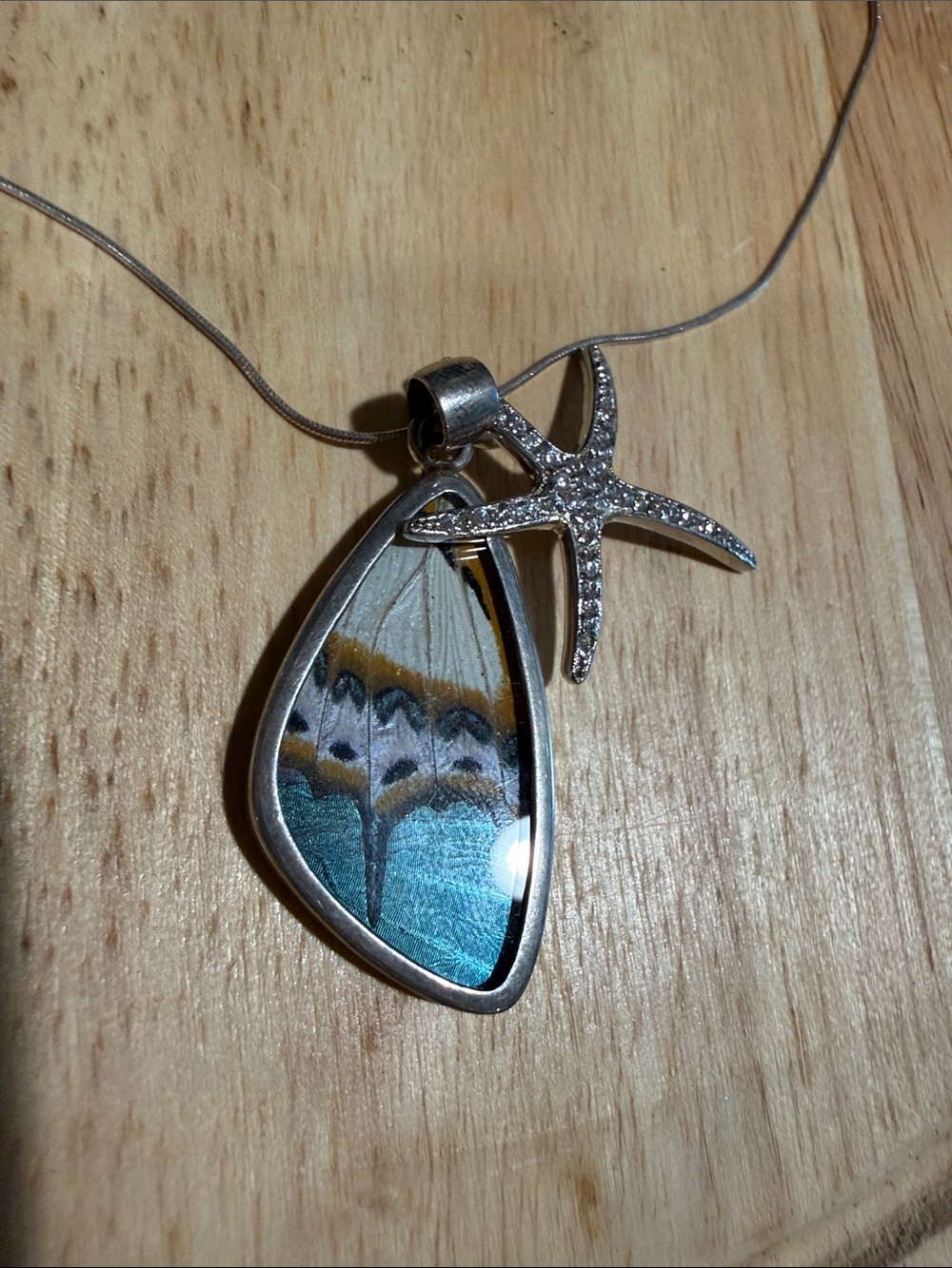 Silver Starfish Pendant with Teal & Yellow butterfly wing Inlay